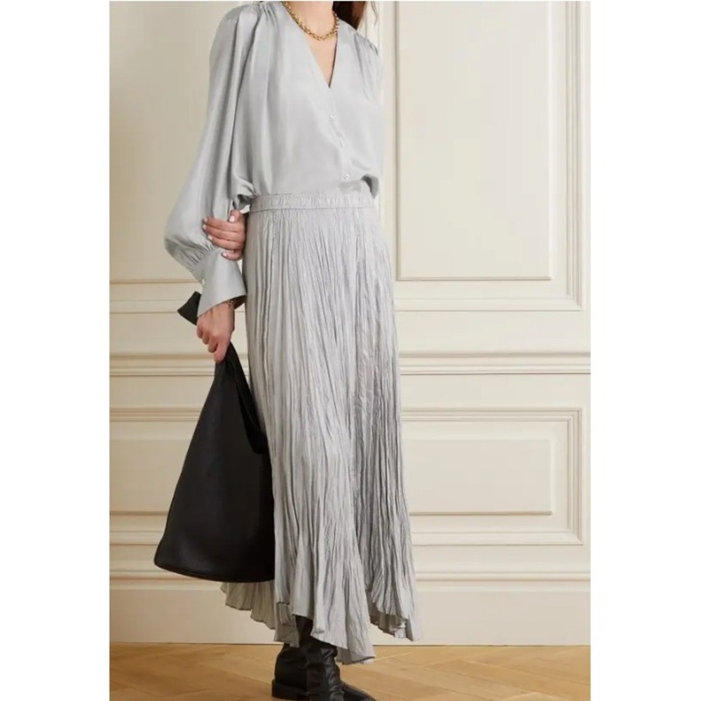 Joseph Bary Habotai Silver Grey 100% Silk‎ V-Neck Balloon Sleeve Blouse Size 36